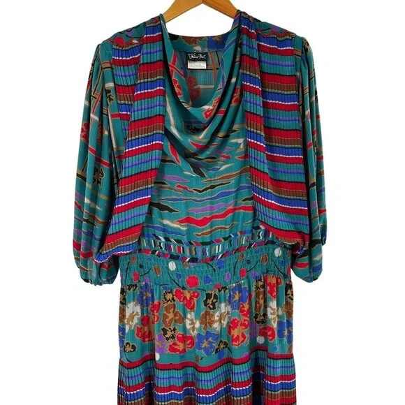Vintage 80´s Diane Freis Teal/Multicolor Mix Print Pleated Midi Dress L/XL Dresses
